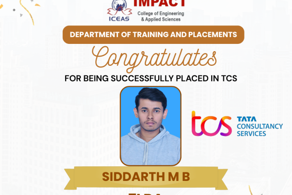 🎉 Congratulations to Siddarth M B on securing a placement at TCS with an impressive package of 7 LPA! 🌟