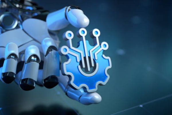 A robotic hand intricately holds a stylized symbol representing artificial intelligence, showcasing advanced technology and innovation in robotics. The image conveys futuristic concepts and digital transformation.